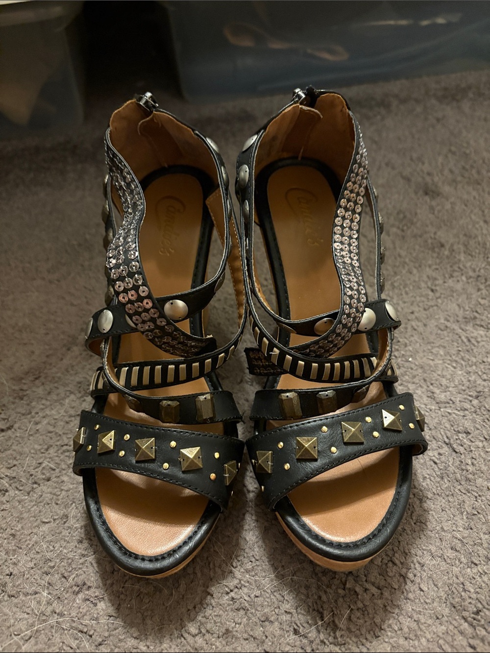 Candie's Black Studded Heeled Sandals with Rhinestone Straps